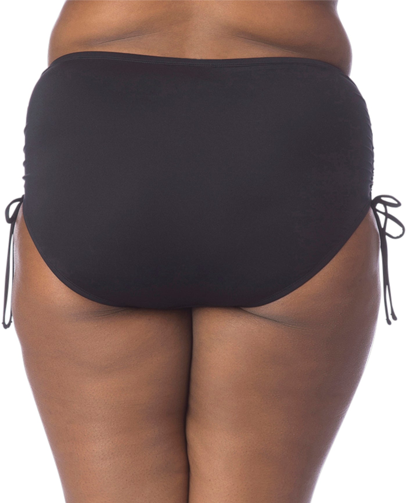 Back View Of Kenneth Cole Solid Black Plus Size Adjustable High Waist Tankini Bottom | KKC Solid Black