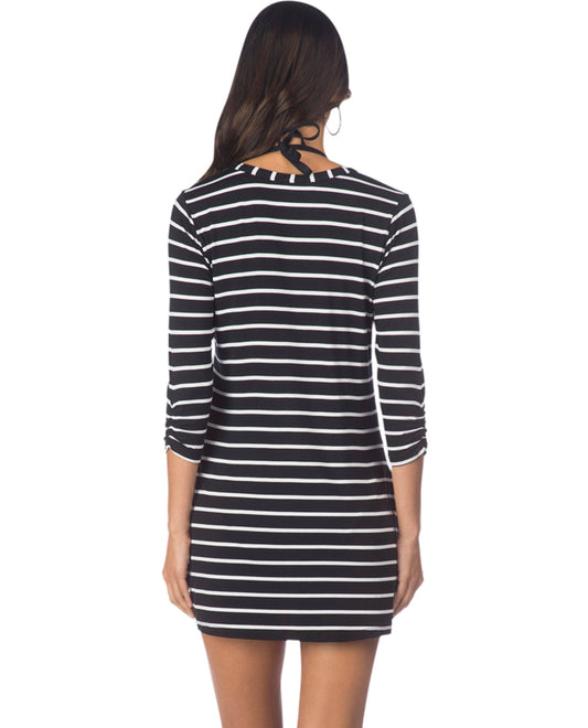 Back View Of Kenneth Cole Skyline Stripe Lace Up Tunic with Pockets | KKC Black