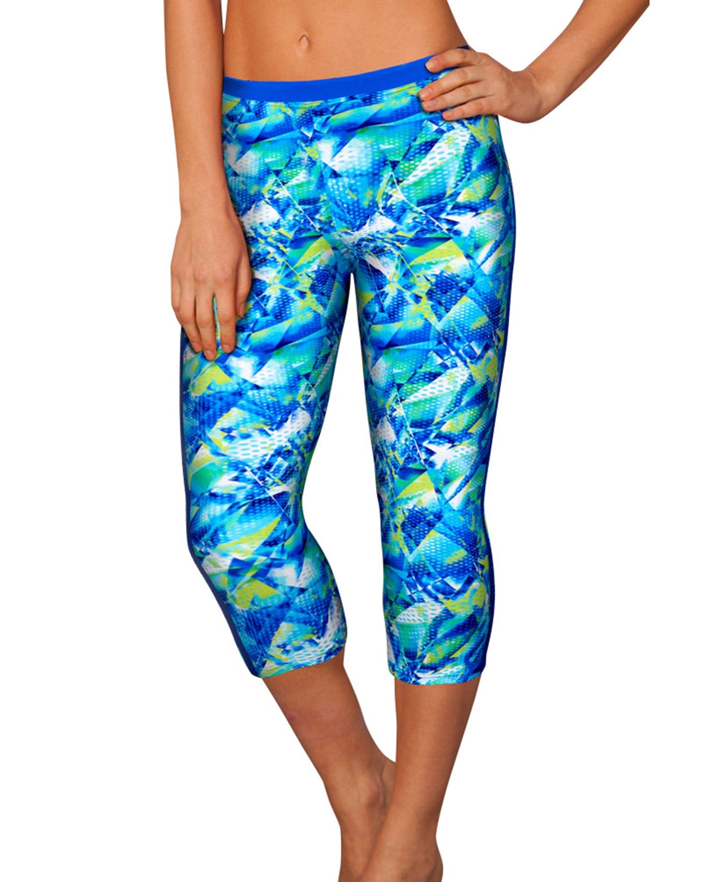 Front View Of Free Sport by Gottex Pacific Blue Capri Swim Leggings | FRS PACIFIC