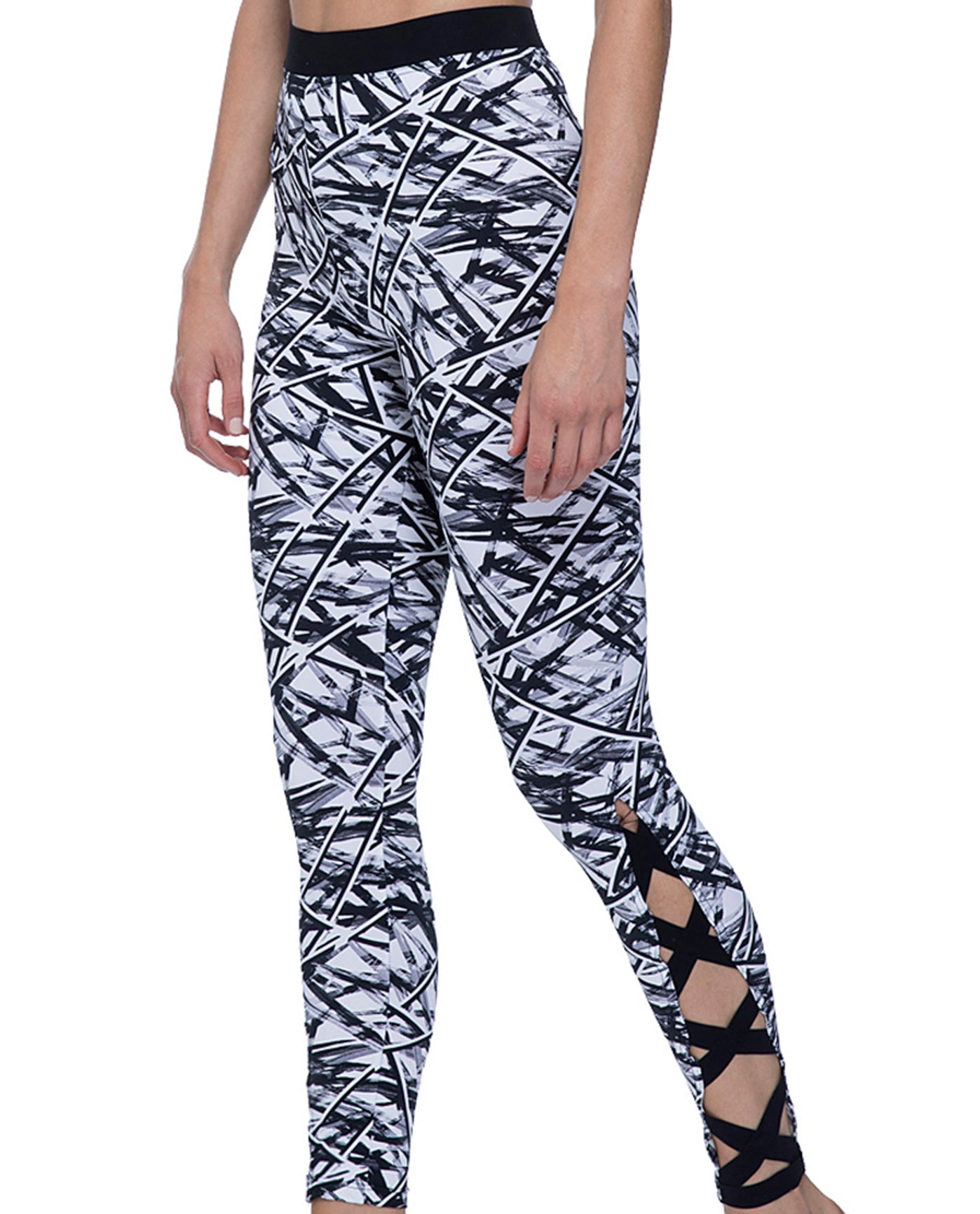 Front View Of Free Sport by Gottex Off Track Black and White Strappy Sides Long Swim Leggings | FRS OFF TRACK