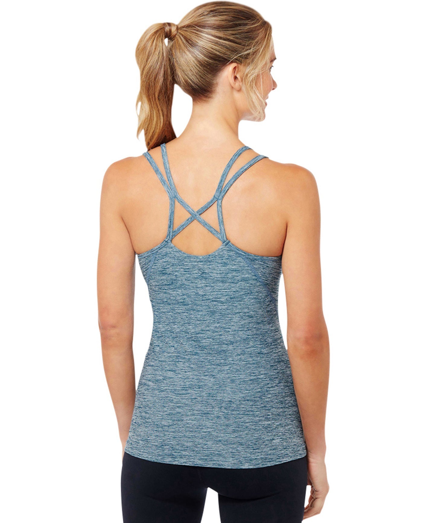 Back View Of Shape Blue Xx Tank Top with Built in Bra | SHA Reflecting Pond