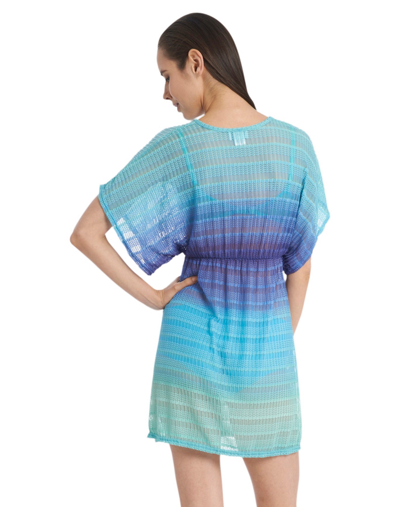 Back View Of Jordan Taylor Aquamarine Ombre V-Neck Textured Tunic | JOR Blue