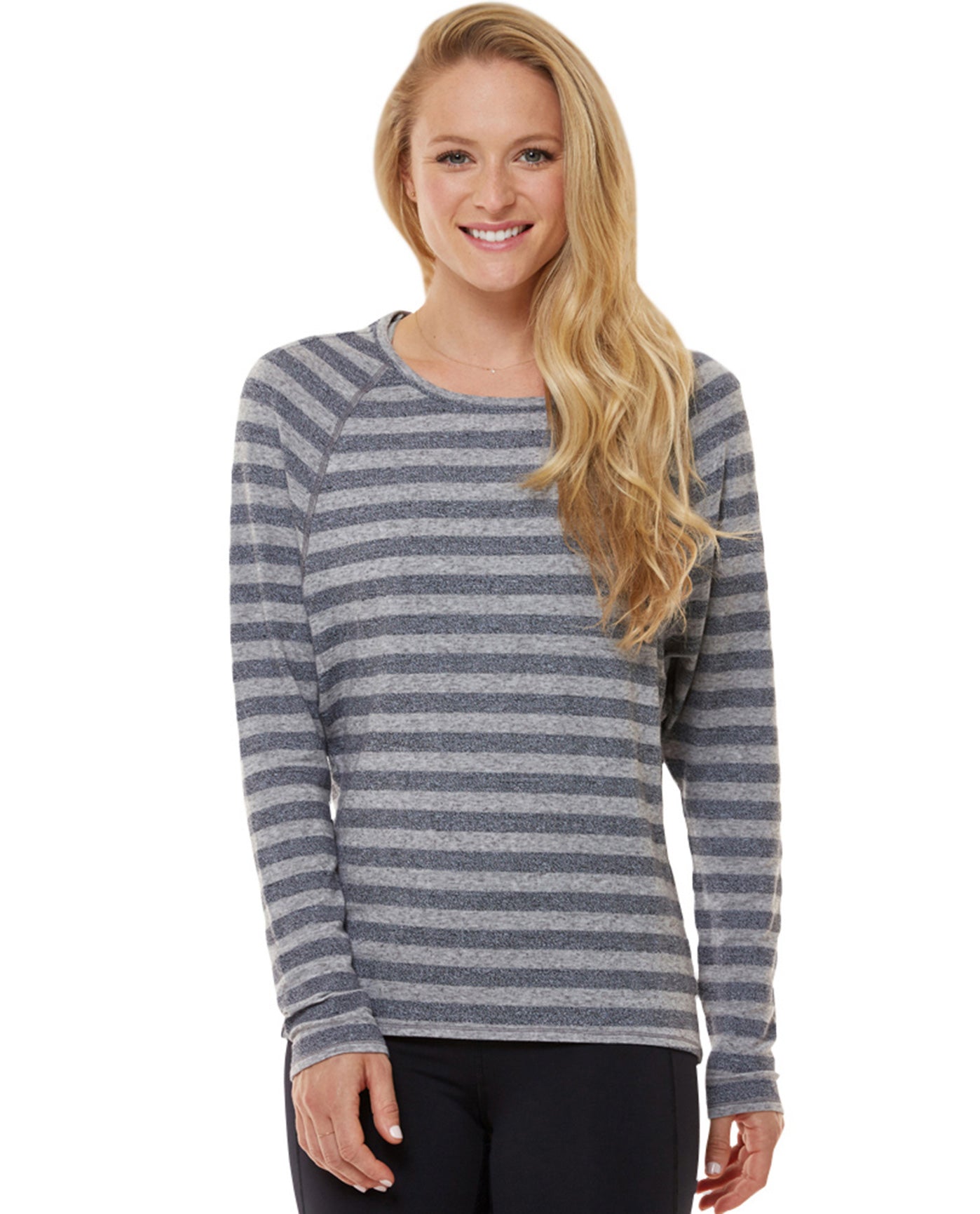 Front View Of Shape Heather Grey Stripe Long Sleeve Tee | SHA Heather Grey Stripe